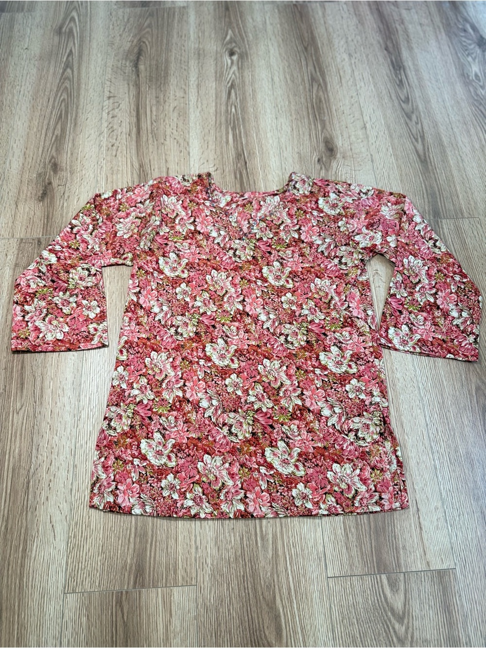 Pink Floral V-Neck Tunic Top 3/4 Sleeve Boho Cottagecore Blouse Women's M